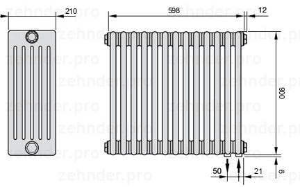 Схема (чертеж) Радиатор Zehnder Charleston 6090/13 №5510 Белый глянцевый RAL 9016